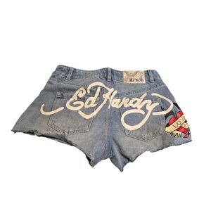 Ed Hardy Light Blue Denim Cutoff Shorts with White Script and Heart Graphic